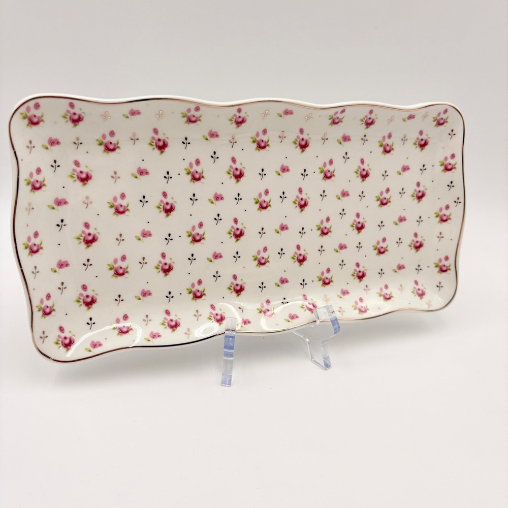 Park Chateau Floral Rosebud Scalloped Rectangular Serving Tray Gold Rim